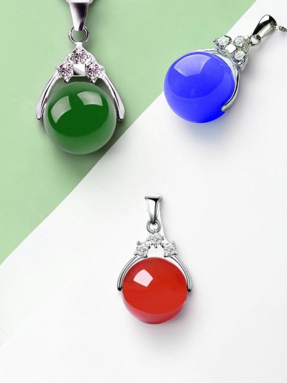A Set of Three Blue, Red, and Green Jade Pendants with Sterling Silver 20" Chain